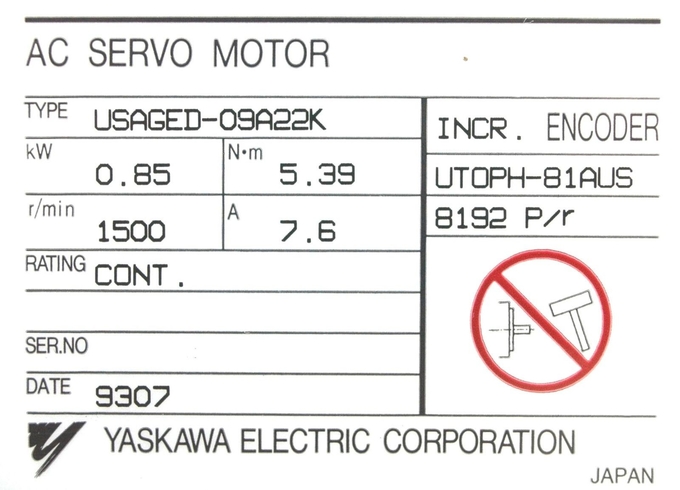 YASKAWA USAGED-09A22K AC SERVO MOTOR DENGAN INCREMENTAL ENCODER 8192 PPR 0.85 KW 1